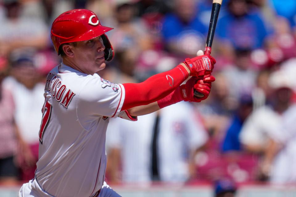 Cincinnati Reds catcher Tyler Stephenson (37) singles in the second inning of an MLB National League game between the Cincinnati Reds and the Chicago Cubs at Great American Ball Park in downtown Cincinnati on Friday, Sept. 1, 2023.