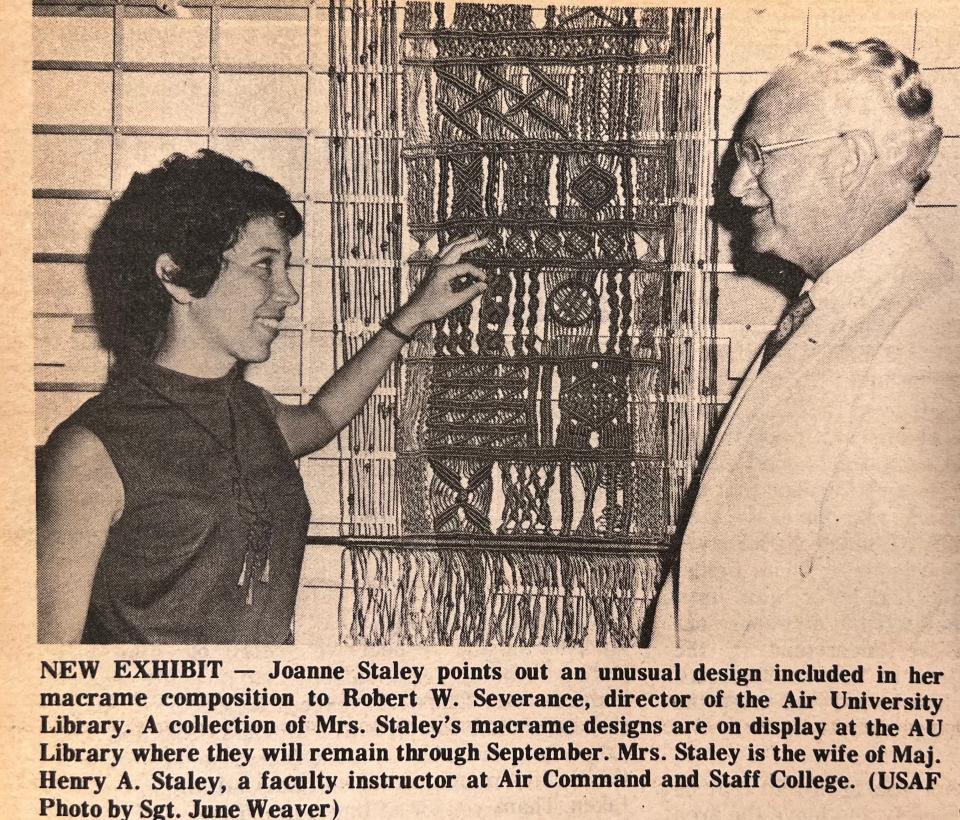 This photo ran in the base newspaper, the Dispatch, in 1973. After 50 years, some of artist Joanne Staley’s macrame collection is back on display at the Community Art Show at the Muir S. Fairchild Research Information Center, Maxwell Air Force Base, Ala. The exhibit opened April 7 and runs until Aug. 1, 2023.