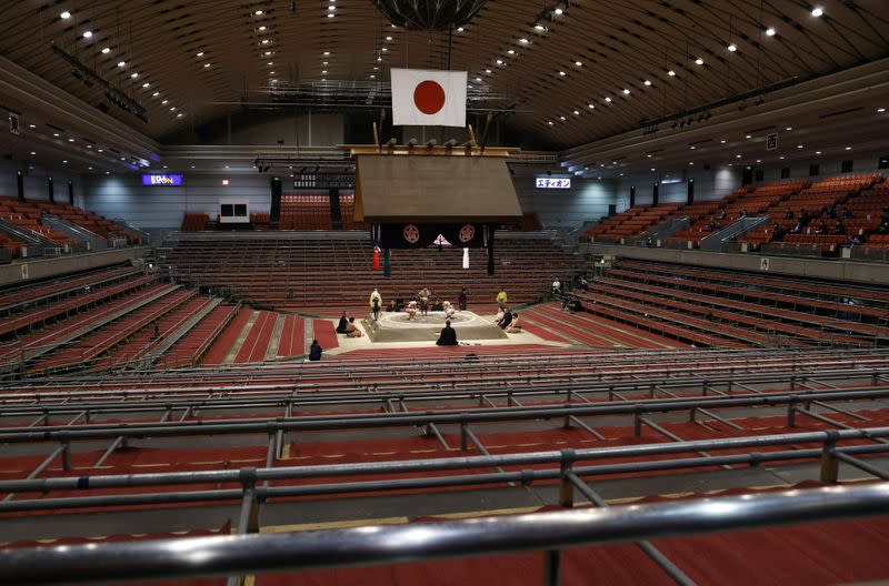 Spectator's seats are seen empty during a match of the Spring Grand Sumo Tournament which is taking behind closed doors amid the spread of the new coronavirus, in Osaka, western Japan