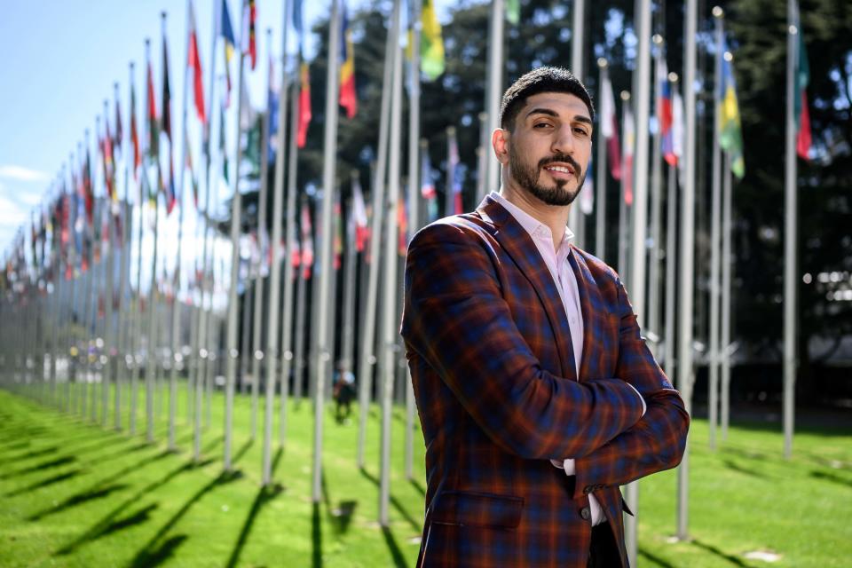 Former NBA Boston Celtics basketball player Enes Freedom at the United Nations office in Geneva on April 5, 2022, the day before he receives the  Courage Award at the Geneva Summit for Human Rights and Democracy.