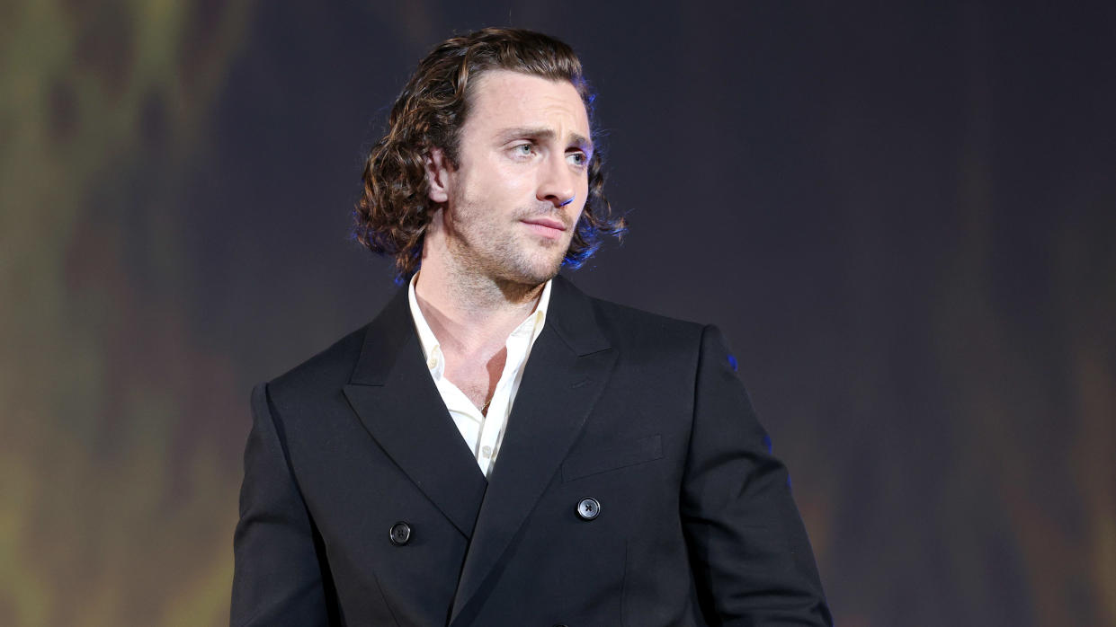 LOCARNO, SWITZERLAND - AUGUST 03: Aaron Taylor-Johnson speaks on stage during the Davide Campari Excellence Award Winner at the Locarno Film Festival 2022 on August 03, 2022 in Locarno, Switzerland. (Photo by Jacopo M. Raule/Getty Images for Campari)