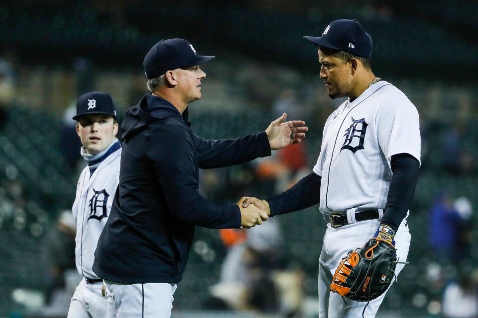 Detroit Tigers manager AJ Hinch shakes hands with first baseman Miguel Cabrera (24) after the Tigers' 4-2 victory over the Kansas City Royals at Comerica Park in Detroit on Wednesday, May 12, 2021.