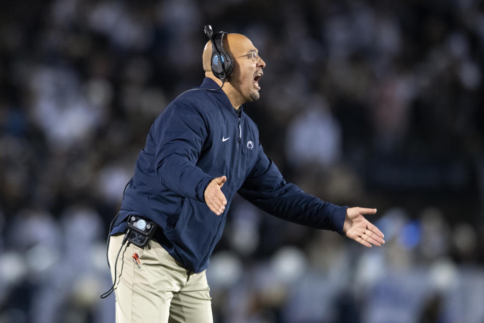 Penn State head coach James Franklin reacts to a score against Rutgers in the fourth quarter of an NCAA college football game in State College, Pa., on Saturday, Nov. 30, 2019. Penn State defeated Rutgers 27-6. (AP Photo/Barry Reeger)