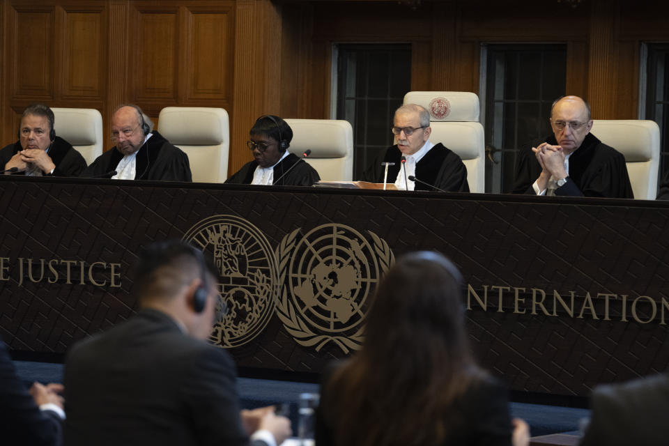 Judge Nawaf Salam, second right, presides over the International Court of Justice in The Hague, Netherlands, Tuesday, April 30, 2024, where Mexico is taking Ecuador to the United Nations' top court accusing the nation of violating international law by storming into the Mexican embassy in Quito and arresting former Ecuador Vice President Jorge Glas, who had been holed up there seeking asylum in Mexico. (AP Photo/Peter Dejong)