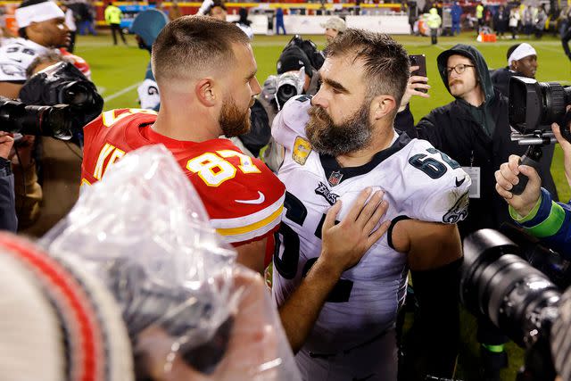 <p>David Eulitt/Getty I</p> Travis and Jason Kelce.