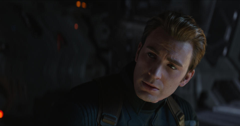 This image released by Disney shows Chris Evans in a scene from “Avengers: Endgame.” (Disney/Marvel Studios via AP)