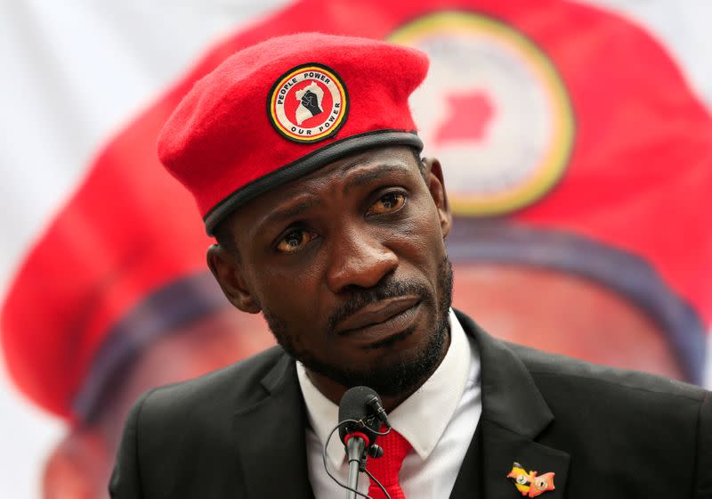 FILE PHOTO: Ugandan musician turned politician, Robert Kyagulanyi also known as Bobi Wine addresses a news conference at his home in Kasangati, Kampala