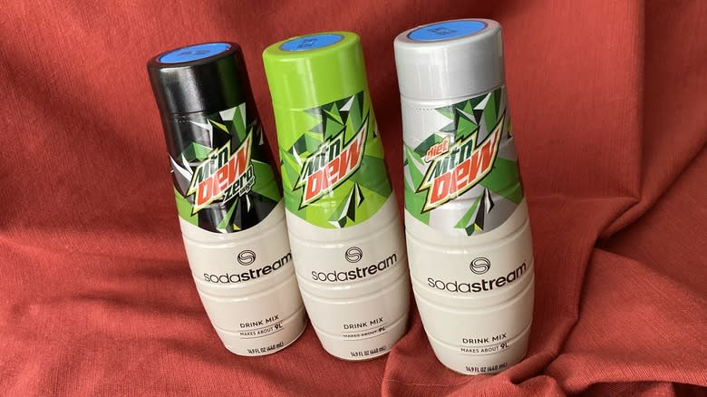 three Mountain Dew SodaStream bottles