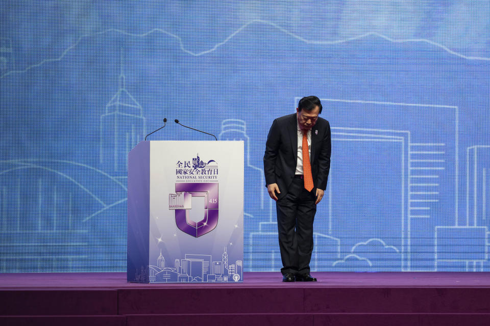 Xia Baolong, Director of the Hong Kong and Macau Affairs Office of the State Council, speaks during the National Security Education Day opening ceremony in Hong Kong in Hong Kong, Saturday, April 15, 2023. China’s senior official overseeing Hong Kong’s affairs said holding demonstrations is not the only way to express people’s views weeks after the city’s strict demonstration rules sparked controversies, signaling Beijing’s vision for the financial hub. (AP Photo/Louise Delmotte)