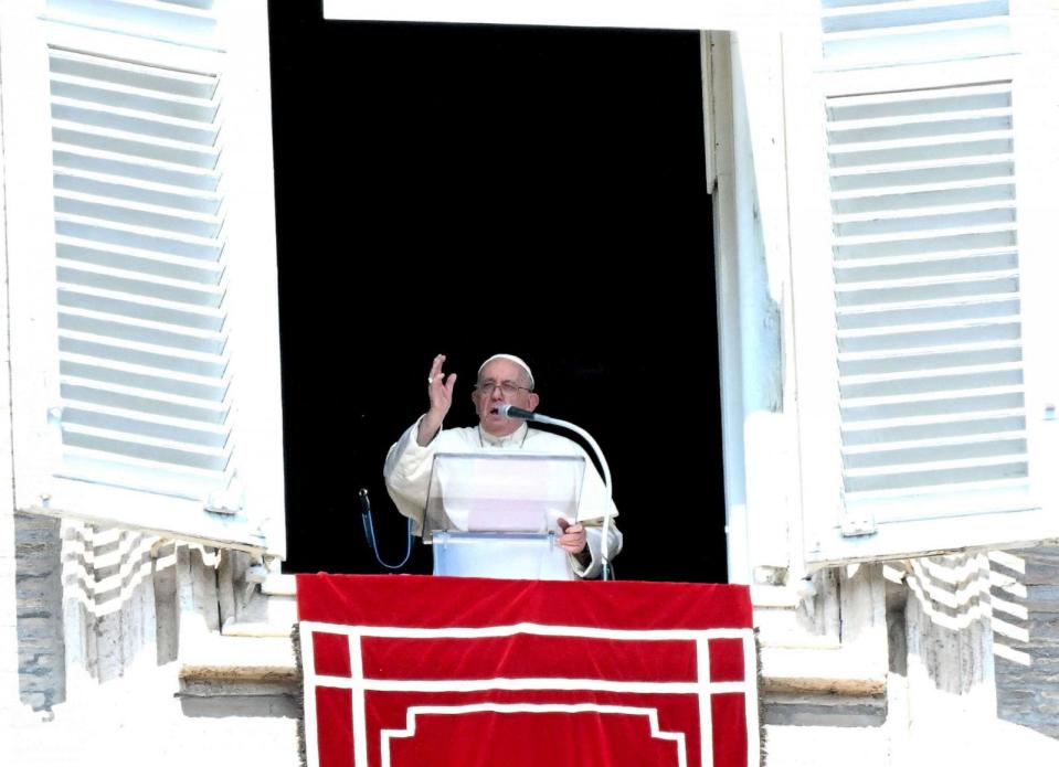 PHOTO: Pope Francis delivers his blessing to the pilgrims during the Sunday Angelus prayer in St.Peter's Square at the Vatican, Oct. 1, 2023. (Filippo Monteforte/AFP via Getty Images)