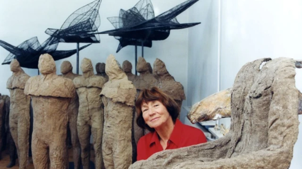 Polish sculptor Magdalena Abakanowicz with her works in a studio in Warsaw (Getty)