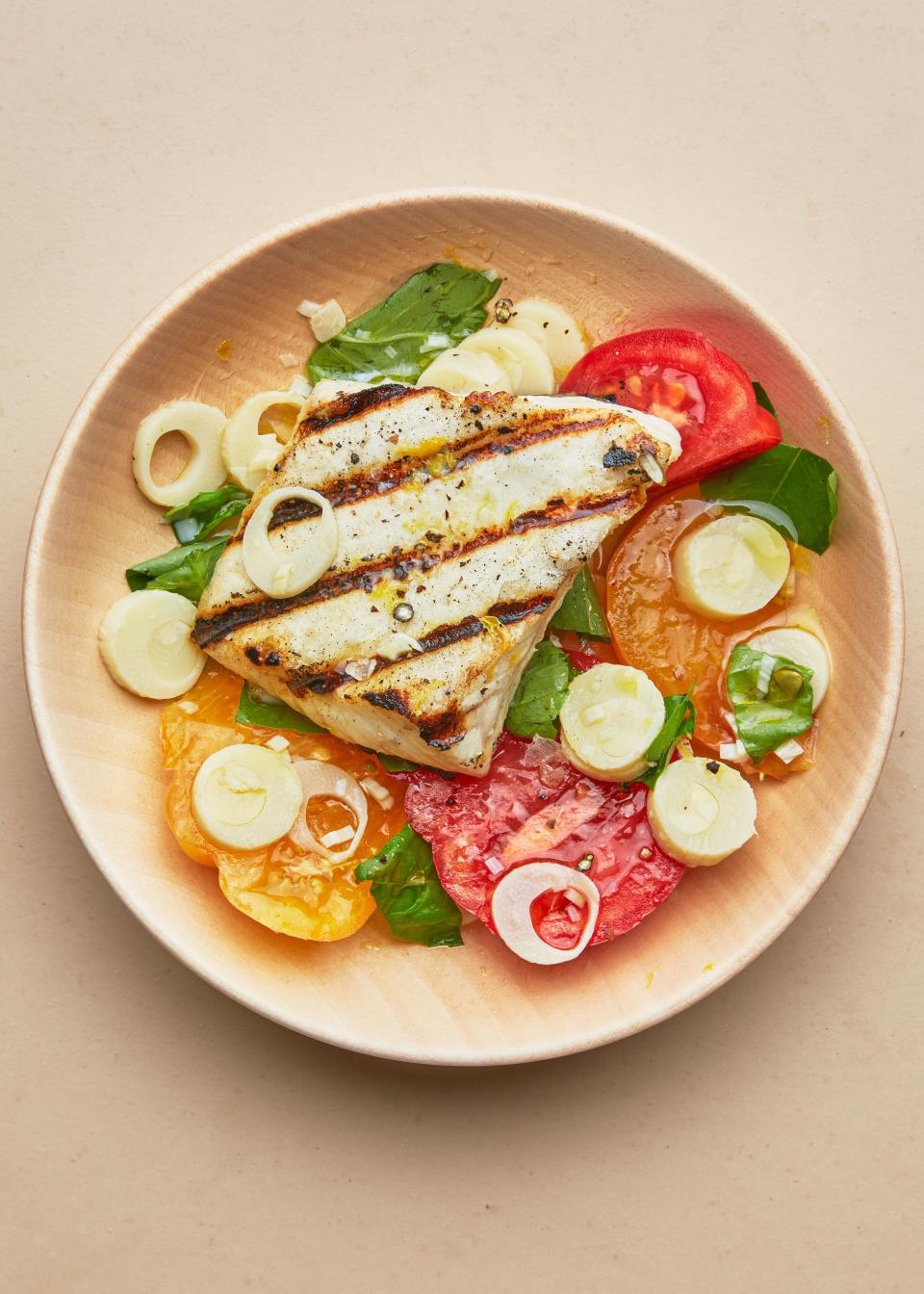 Grilled Halibut with Tomatoes and Hearts of Palm