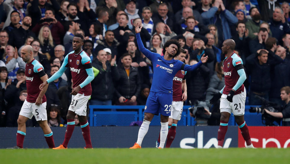 <p>Willian reacts after Chelsea have the ball in the net for a third time, only for the goal to be ruled out </p>