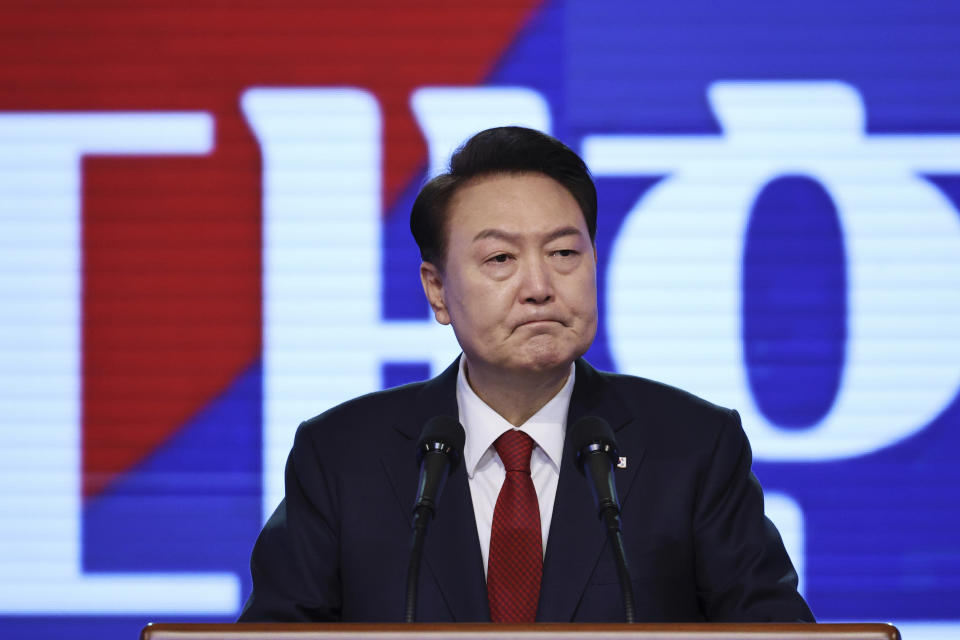 South Korea's President Yoon Suk Yeol delivers his speech during a ceremony of the 105th anniversary of the March 1st Independence Movement Day in Seoul, South Korea, Friday, March 1, 2024. (Kim Hong-Ji/Pool Photo via AP)