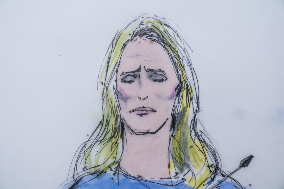 In this courtroom artist sketch, Jennifer Siebel Newsom, a documentary filmmaker and the wife of California Gov. Gavin Newsom, takes the stand at the trial of Harvey Weinstein in Los Angeles, Monday, Nov. 14, 2022. (Bill Robles via AP)