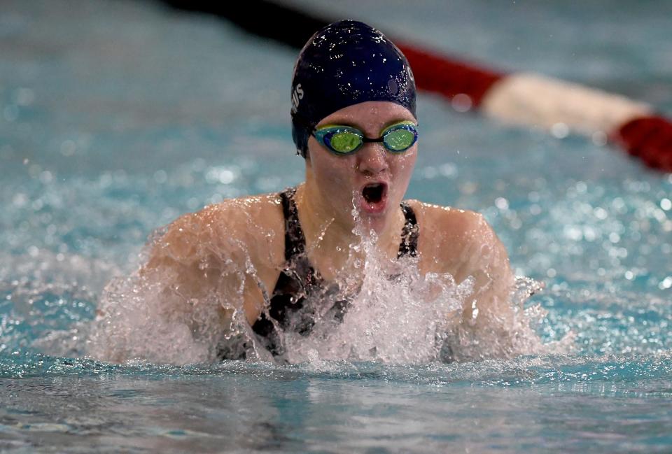Louisville’s Leah Claugus competes in Girls 100 Yard Breaststroke in 2024 OHSAA Division I State Swimming Prelims at C.T. Branin Natatorium in Canton. Friday, February 23, 2024.