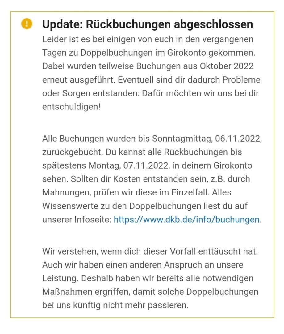 Die Bank hat sich bei ihren Kunden entschuldigt. - Copyright: Screenshot aus der DKB-Banking-App