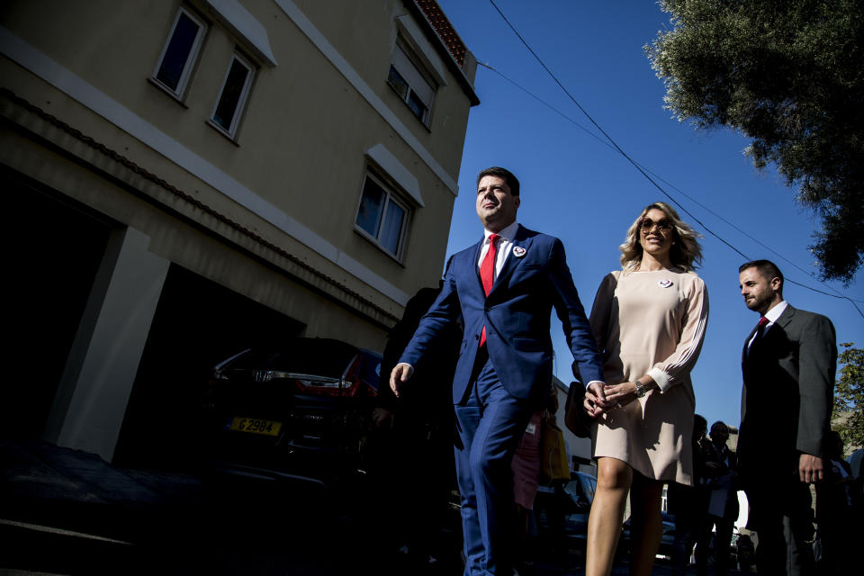 Chief Minister of gibraltar Fabian Picardo as he exits a pooling station during general elections in Gibraltar, Thursday Oct. 17, 2019. An election for Gibraltar's 17-seat parliament is taking place Thursday under a cloud of uncertainty about what Brexit will bring for this British territory on Spain's southern tip. (AP Photo/Javier Fergo)