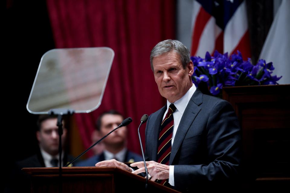 Gov. Bill Lee delivers his State of the State address, the first of his second term, before a joint session of the Tennessee General Assembly at the state Capitol, on Monday, Feb. 6.