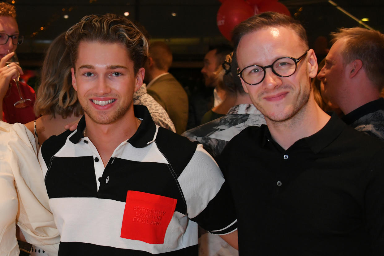 LONDON, ENGLAND - AUGUST 11:  AJ Pritchard (L) and Kevin Clifton attend the press night after party for "Matthew Bourne's Romeo And Juliet" at Sadler's Wells Theatre on August 11, 2019 in London, England.  (Photo by David M. Benett/Dave Benett/Getty Images)