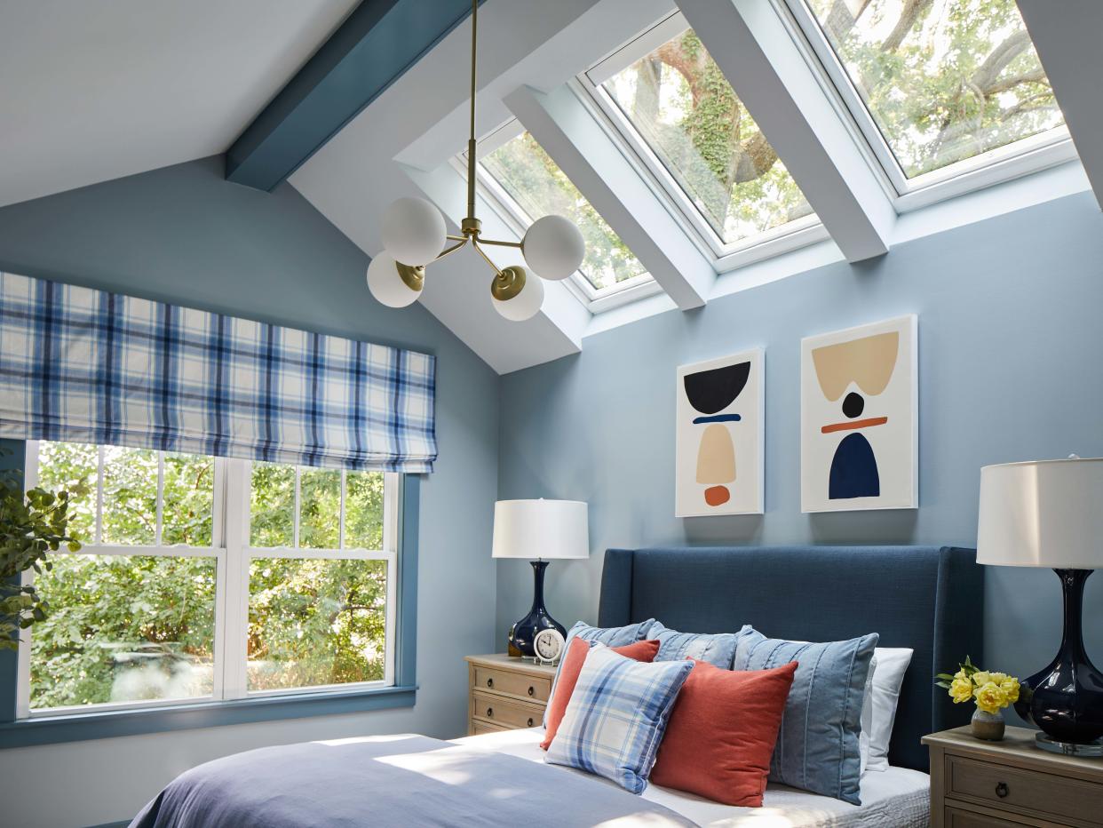 Built by Louisville’s Twin Spires Remodeling and decked out by HGTV interior designer Brian Patrick Flynn, the house is part of the HGTV Urban Oasis 2023 sweepstakes. Pictured here is the blue guest room, with skylights.