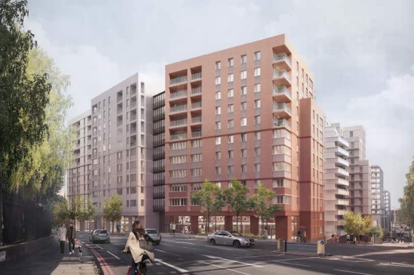 A CGI of the set of buildings planned behind the Tesco Extra building, Woolwich, Greenwich, London, UK