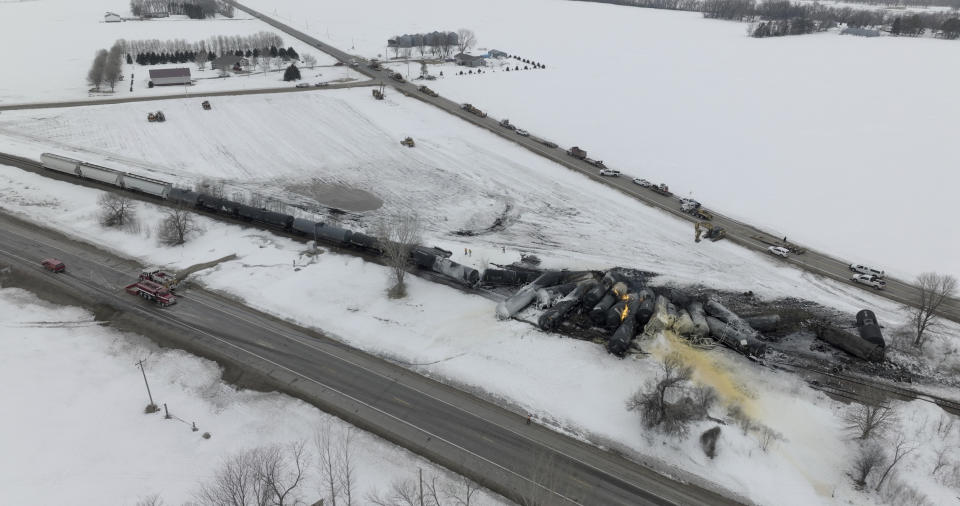 A BNSF train carrying ethanol and corn syrup derailed and caught fire in Raymond, Minn., Thursday, March 30, 2023. BNSF officials said 22 cars derailed, including about 10 carrying ethanol, and the track remains blocked, but that no injuries were reported due to the accident. The cause of the derailment hasn't been determined. (Mark Vancleave /Star Tribune via AP)