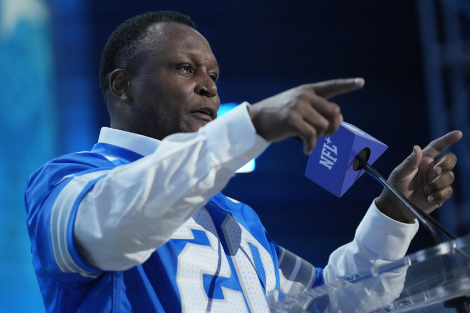 Former player Barry Sanders speaks during a draft announcement for the Detroit Lions during the second round of the NFL football draft, Friday, April 26, 2024, in Detroit. (AP Photo/Jeff Roberson)