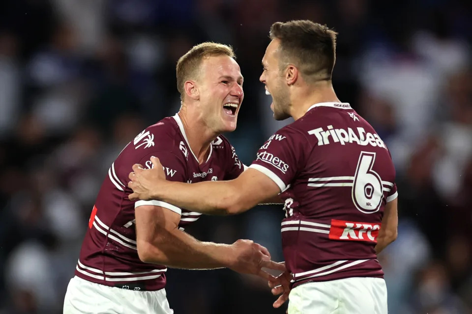 SYDNEY, AUSTRALIA - SEPTEMBER 15: Daly Cherry-Evans of the Sea Eagles celebrates with Luke Brooks of the Sea Eagles after winning the NRL Qualifying Final match between Canterbury Bulldogs and Manly Sea Eagles at Accor Stadium on September 15, 2024 in Sydney, Australia. (Photo by Cameron Spencer/Getty Images)