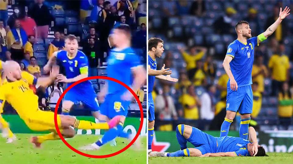 Artem Besedin (pictured right on the ground) in pain after Marcus Danielson's (pictured left) horror challenge to the knee at Euro 2020.