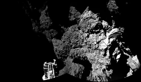 This photo from the European Space Agency is the Philae lander's view of its landing site on Comet 67P/C-G's surface. Image release Nov. 13, 2014.