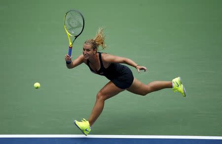 Dominika Cibulkova of Slovakia returns to Ana Ivanovic of Serbia during their match at the U.S. Open Championships tennis tournament in New York, August 31, 2015. REUTERS/Mike Segar