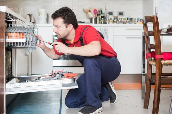 Appliance repairman fixing a dishwasher