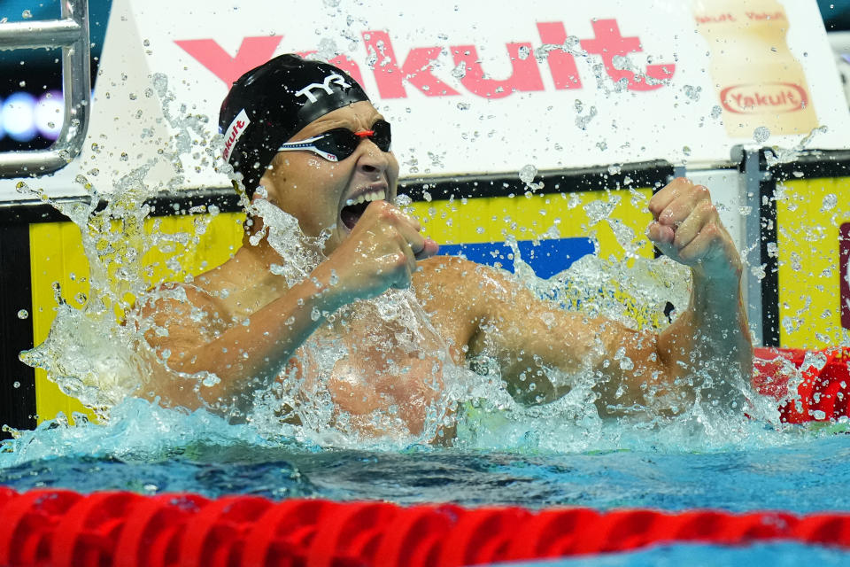 Justin Ress of the United States celebrates the men's 50m backstroke final at the 19th FINA World Championships in Budapest, Hungary, Saturday, June 25, 2022. Rest was disqualified in the race. (AP Photo/Petr David Josek)