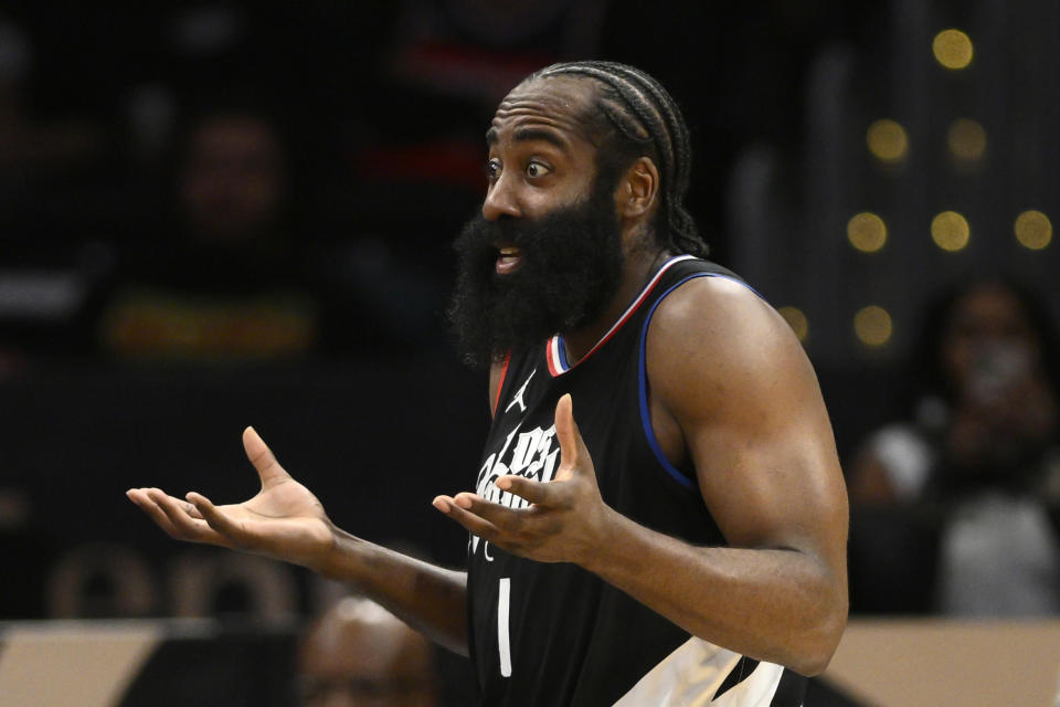 Los Angeles Clippers guard James Harden reacts during the first half of an NBA basketball game against the Washington Wizards, Wednesday, Jan. 31, 2024, in Washington. (AP Photo/Nick Wass)