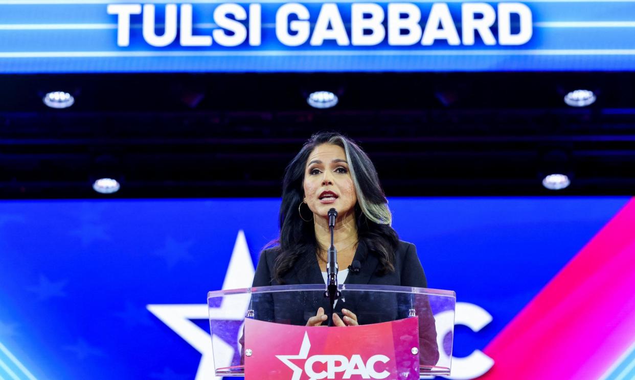 <span>Gabbard speaks at the Conservative Political Action Conference annual meeting in Maryland on 22 February 2024.</span><span>Photograph: Amanda Andrade-Rhoades/Reuters</span>