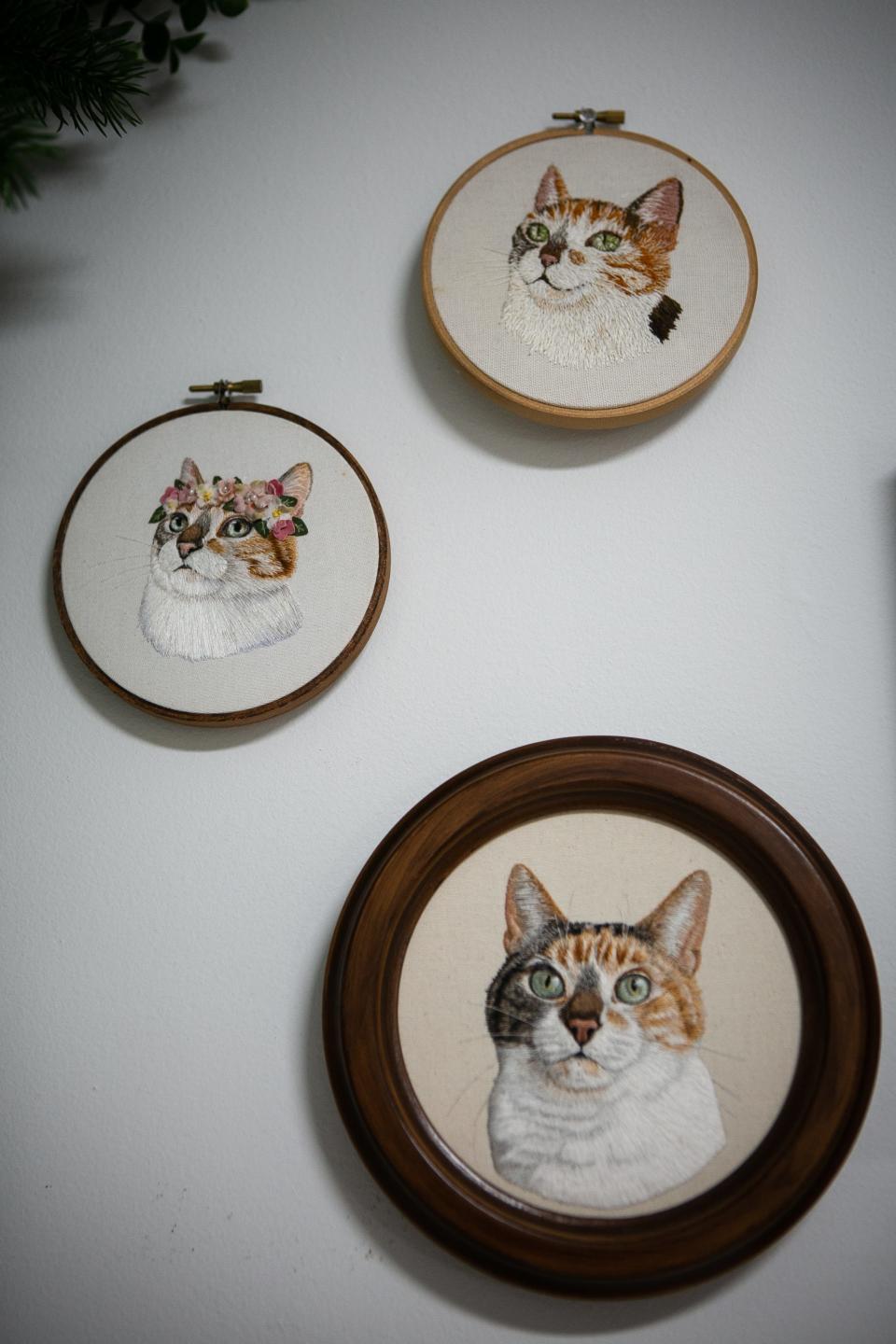 Michelle Staub, of Amelia, aka @StitchingSabbatical, used her cat, Pearl, as a muse for her embroidery. The progression of her work hangs on the walls of her home studio space. The first time she attempted PearlÕs embroidery was in 2014, then again in 2018 and once more again recently. Staub has become well-known throughout social media for her embroidered lifelike pet portraits. She also just had a new book publish on November 15, focused on pet portrait embroidery, full of patterns and how-tos.