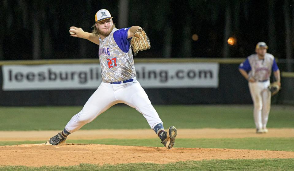 Leesburg's Tyler Van Dyke (27) pitches during Game 2 of the FCSL Championship in Leesburg on Saturday, July 30, 2022.