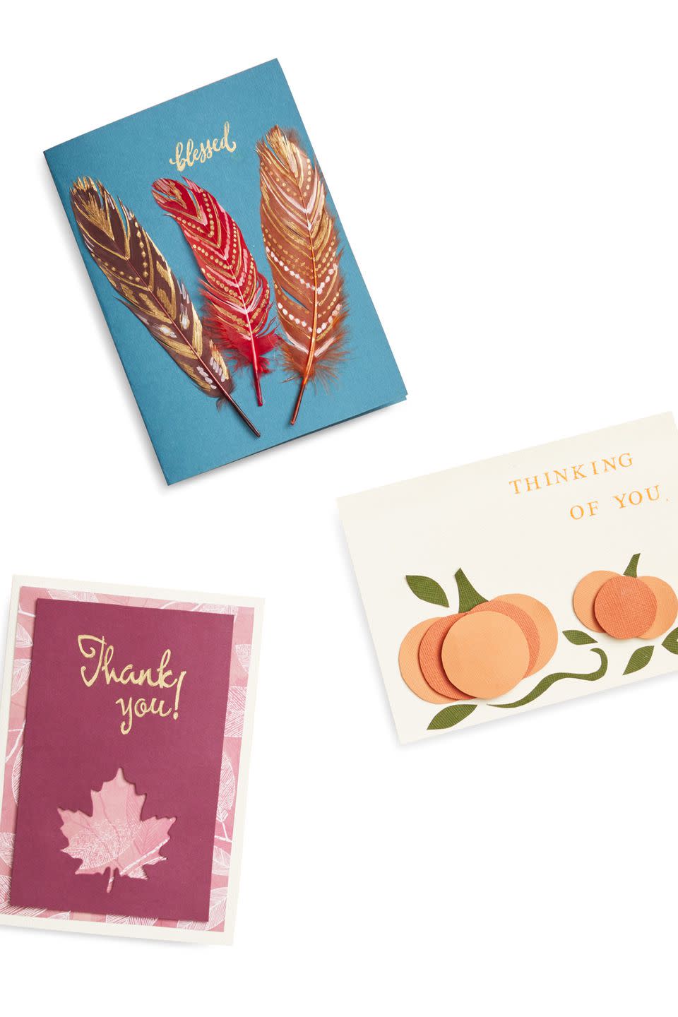 <p>For loved ones who are far away, a "just because" card is just right for this time of year. Start with a store-bought blank card and stamp on a sweet sentiment, then try these easy embellishment ideas.</p><p><strong>Lone leaf: </strong>Use a craft punch to make a leaf; layer over patterned paper. Attach to card and write a message.<br></p><p><strong>Spotted feathers: </strong>Add brushstroke stripes and rows of dots using gold and white paint markers, then hot-glue feathers in place.<br></p><p><strong>Pumpkin patch:</strong> Stack and secure three or five 1" orange paper circles with foam mounting tape, then glue on green paper vines.<br></p><p><strong>What you'll need: </strong>Leaf craft punch ($16, <a rel="nofollow noopener" href="https://www.amazon.com/EK-Tools-Paper-Punch-Package/dp/B00DN6638G" target="_blank" data-ylk="slk:amazon.com;elm:context_link;itc:0;sec:content-canvas" class="link ">amazon.com</a>); Paint markers ($11, <a rel="nofollow noopener" href="https://www.amazon.com/Uchida-America-125-3A-3-Piece-Calligraphy/dp/B00KHRKMCC" target="_blank" data-ylk="slk:amazon.com;elm:context_link;itc:0;sec:content-canvas" class="link ">amazon.com</a>); Foam mounting tape ($8, <a rel="nofollow noopener" href="https://www.amazon.com/Scotch-4013-2-Inch-150-Inch-Mounting/dp/B003W0R4PE" target="_blank" data-ylk="slk:amazon.com;elm:context_link;itc:0;sec:content-canvas" class="link ">amazon.com</a>)</p>