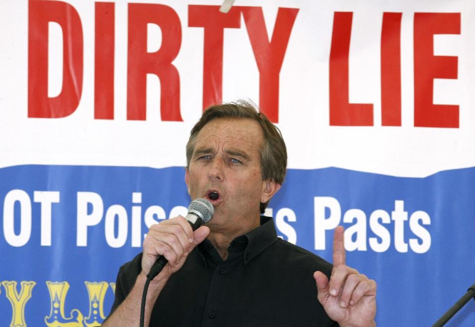 Environmental lawyer Robert F. Kennedy Jr. makes remarks during a rally Monday, May 7, 2012, in Portland, Ore. Columbia Riverkeeper, the Sierra Club, Climate Solutions and Greenpeace sponsored the rally to fight a half-dozen proposals to ship coal from Montana and Wyoming to Asia through Northwest ports. The opponents warn of local problems from coal dust and long coal trains. They also say expanding Asian access to American coal would be bad for the world environment. (AP Photo/Rick Bowmer)