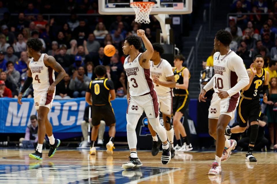 Mar 14, 2023; Dayton, OH, USA; Mississippi State Bulldogs guard Shakeel Moore (3) celebrates a play in the first half against the Pittsburgh Panthers at UD Arena. Mandatory Credit: Rick Osentoski-USA TODAY Sports