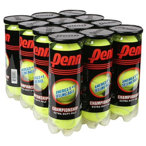 12-can case of Penn Championship Extra Duty tennis balls against white background