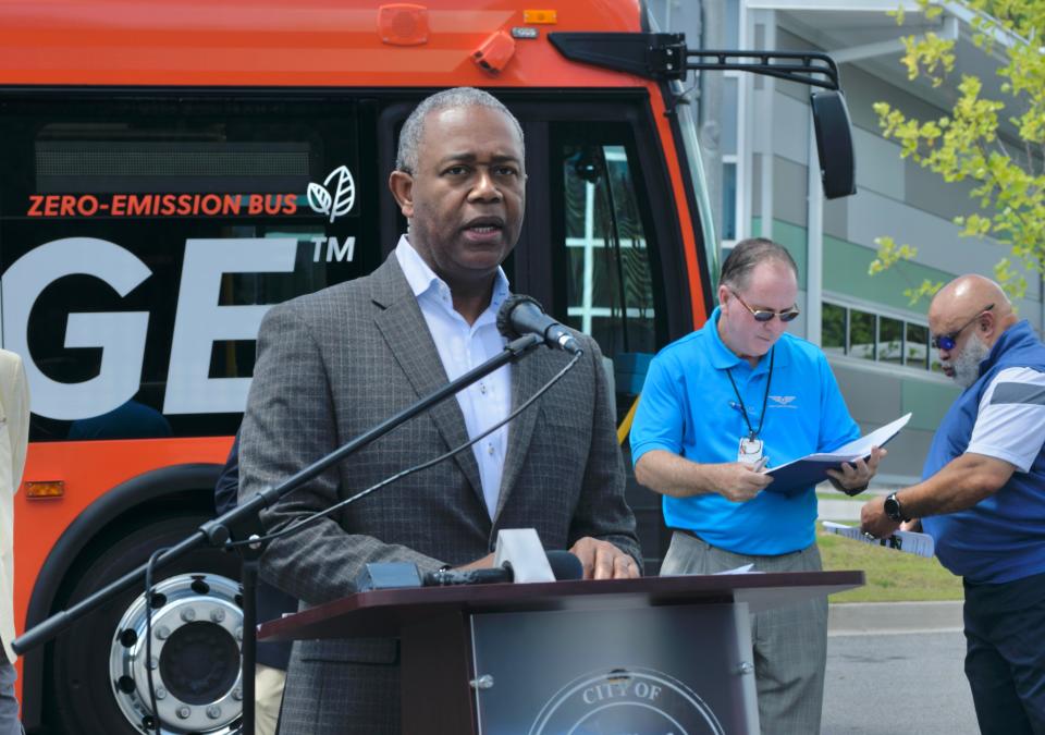 Augusta Mayor Hardie Davis, seen here discussing the benefits of electric buses, faces 37 ethics violations in two cases bound over by the Georgia Government Transparency and Campaign Finance Commission.