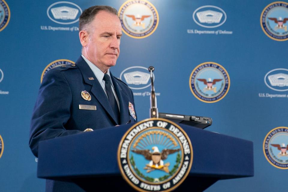 Pentagon spokesman U.S. Air Force Brig. Gen. Patrick Ryder arrives to speak at a media briefing at the Pentagon, Thursday, April 13, 2023, in Washington.
