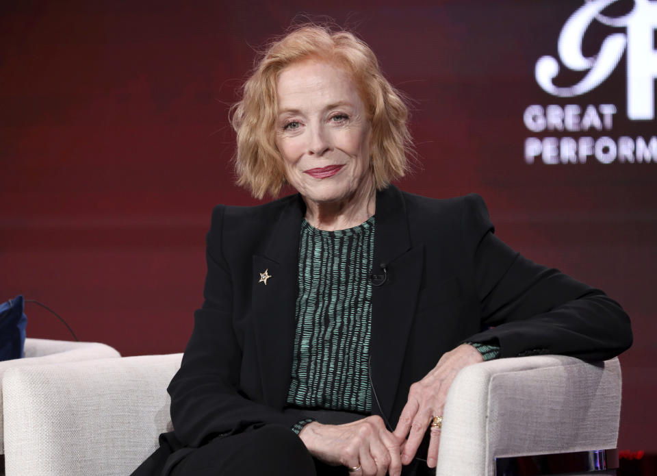 FILE - Holland Taylor speaks at the Great Performances "Ann" and "Gloria: A Life" panel during the PBS Winter 2020 TCA Press Tour at The Langham Huntington, Pasadena on Friday, Jan. 10, 2020, in Pasadena, Calif. Taylor turns 80 on Feb. 14. (Photo by Willy Sanjuan/Invision/AP, File)