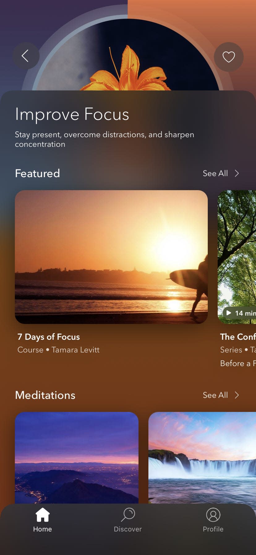 thumbnail images of focus-promoting meditations in a screenshot of the meditation app Calm