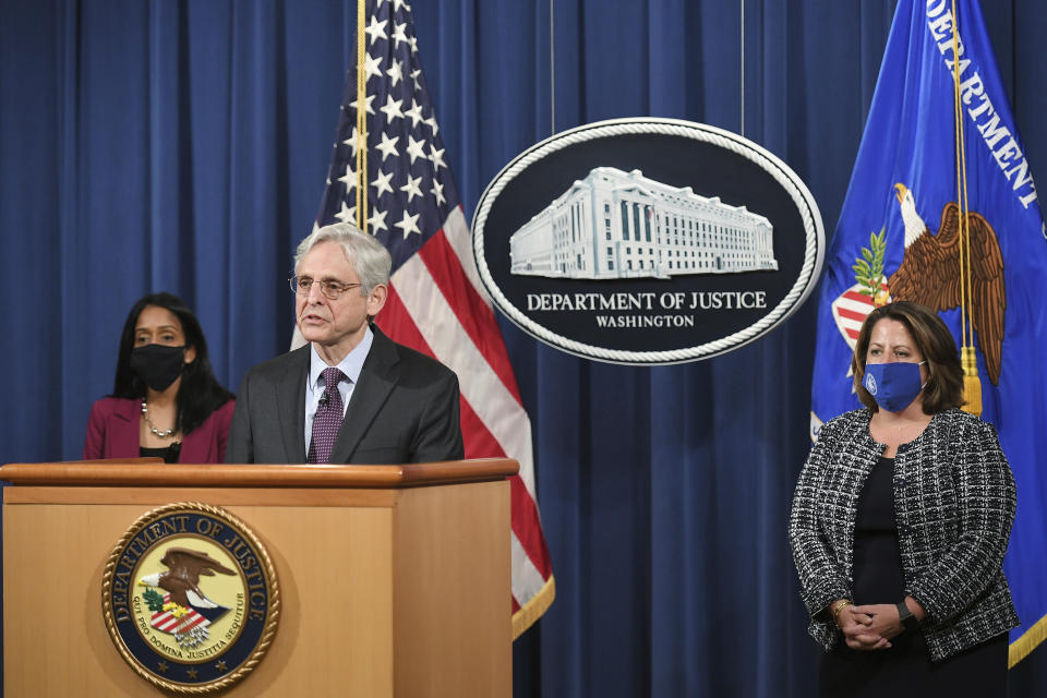 Attorney General Merrick Garland speaks at the Department of Justice in Washington, Monday, April 26, 2021, as associate Attorney General Vanita Gupta and Deputy Attorney General Lisa Monaco. listen. The Justice Department is opening a sweeping probe into policing in Louisville after the March 2020 death of Breonna Taylor, who was shot to death by police during a raid at her home. (Mandel Ngan/Pool via AP)