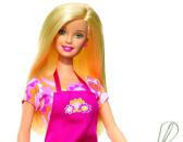 <p>Chef Barbie wears a bright tee and apron that will pop on camera. </p>