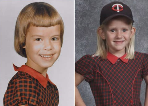 Right, Diana Orr was 5 years old when she became the first member of the Parker family to wear the dress. Left, 6-year-old Aubrey Brandt poses in the same red dress worn for school photos by girls in her family since 1965. (Photo Courtesy of KARE 11/Parker family/Lifetouch)