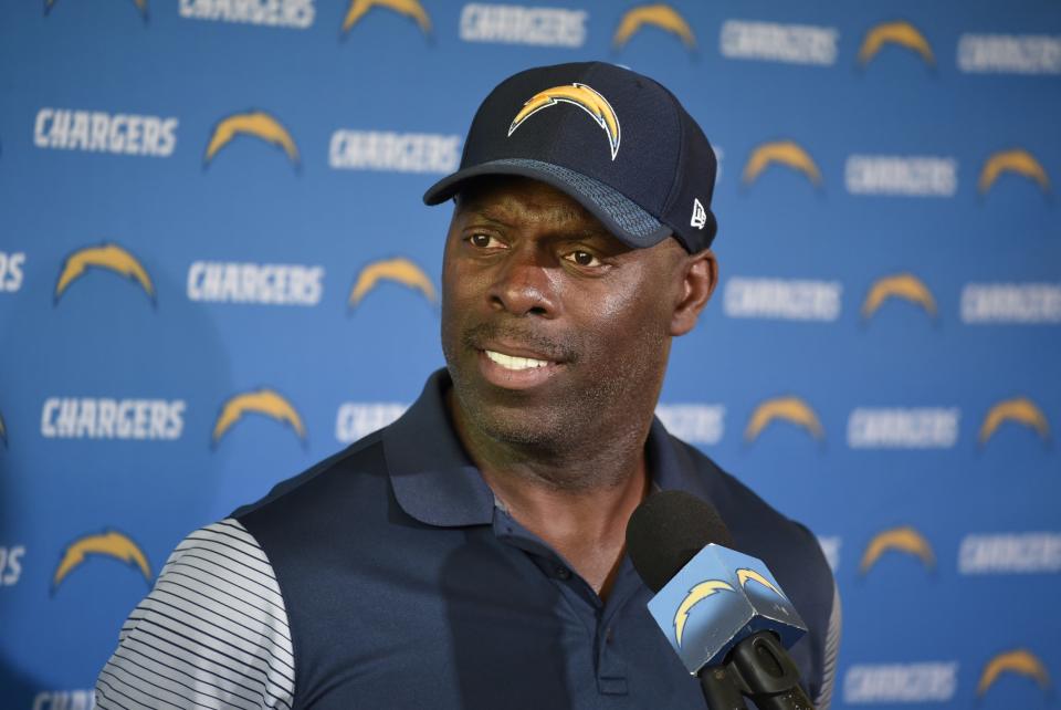 Chargers coach Anthony Lynn is reportedly forcing two of his veteran players to stay in L.A. instead of traveling to the Pro Football Hall of Fame induction on Saturday. (AP)